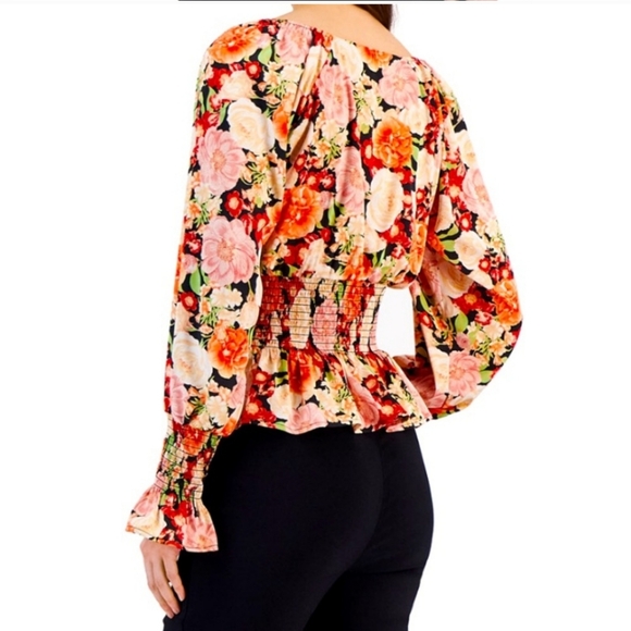 INC Emma Garden Women's L Smocked Ruffle Long Sleeve Peplum Top Multicolor - Picture 2 of 12